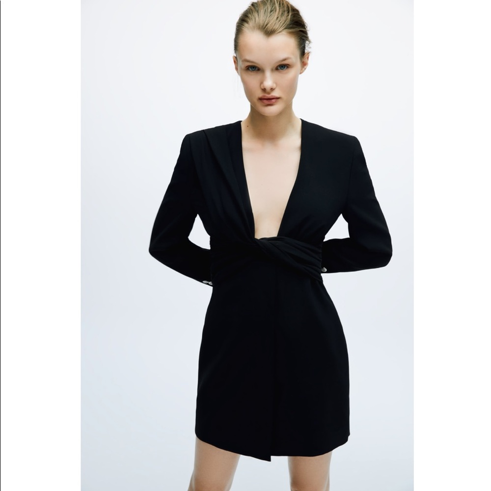 𝗡𝗪𝗧 𝗭𝗮𝗿𝗮 • Draped Jacket Dress Ruched Front V-Neck Long Sleeve XS - Picture 9 of 12